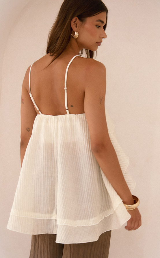 Meedis Cream Textured Woven Floaty Cropped Front Topv